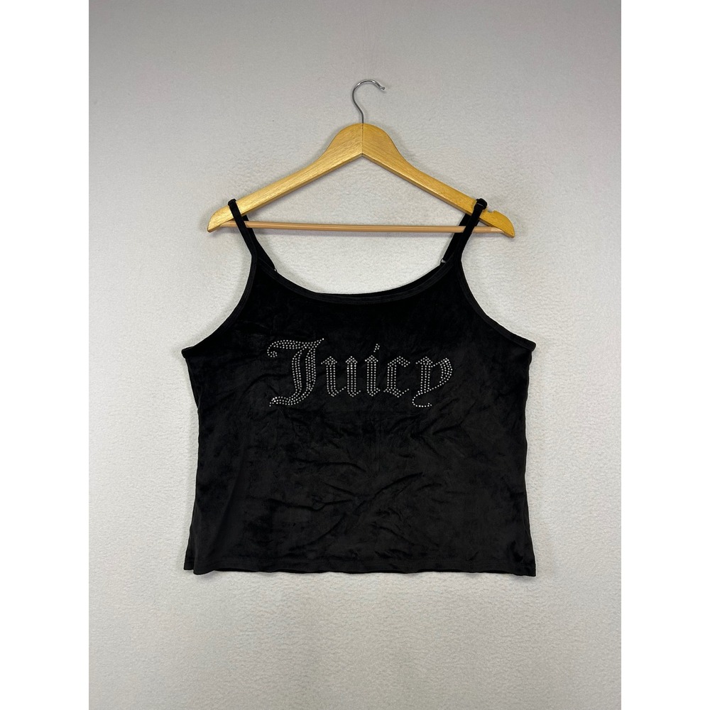 Y2K McBling Juicy Couture L Black Velour Rhinestone Logo Sleep Camisole Top